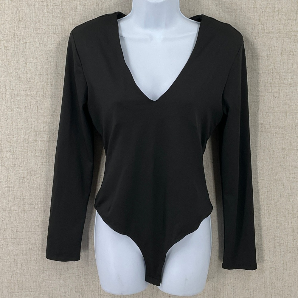 ASTR The Label Bodysuit Women L Black Classic Deep V-Neck Long Sleeve Minimalist